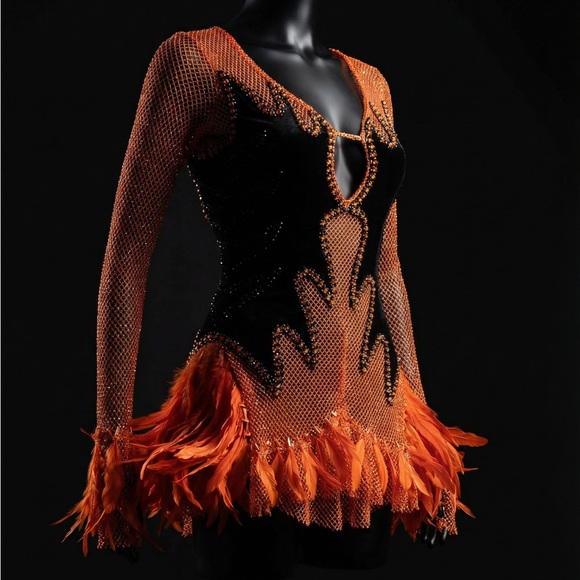 Elegant Orange and Black Mesh Dress - Picture 5 of 16